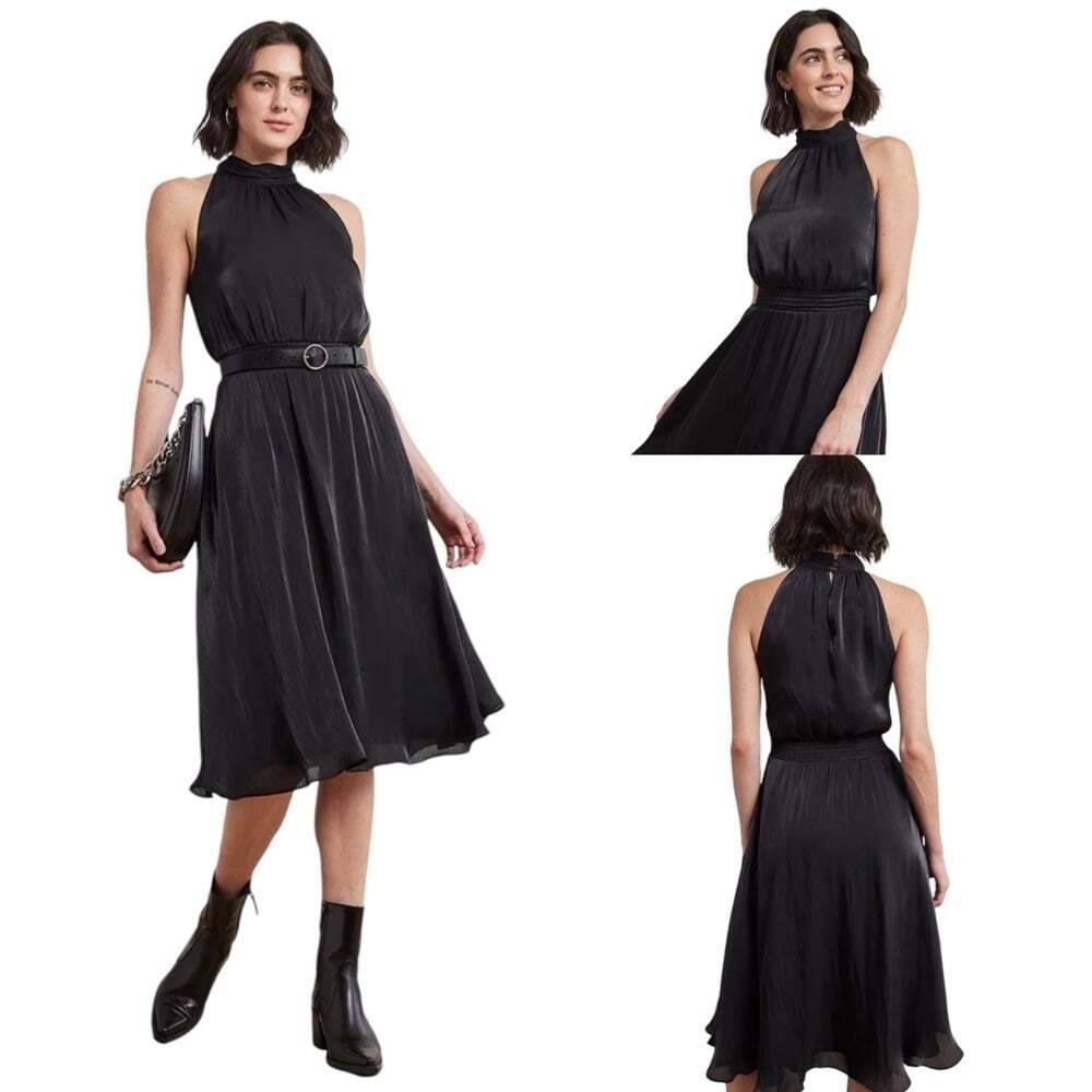 RW&Co. Womens Black Chiffon Cocktail Dress Large Metallic Halter Neckline NWT
